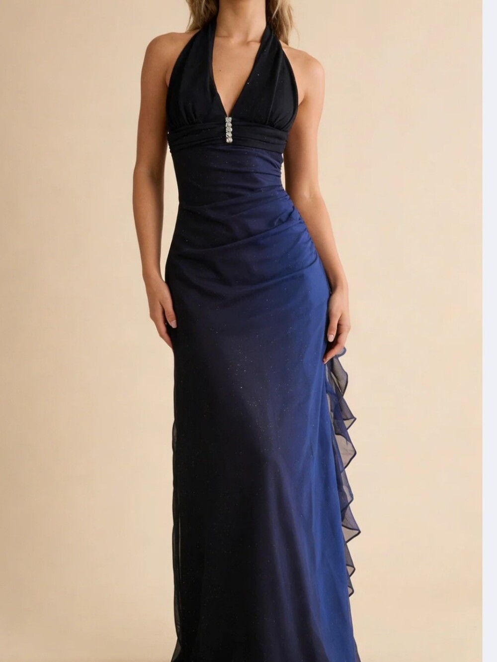 Betsy & Adam Navy Halter Evening Gown with Rhinestone Accent